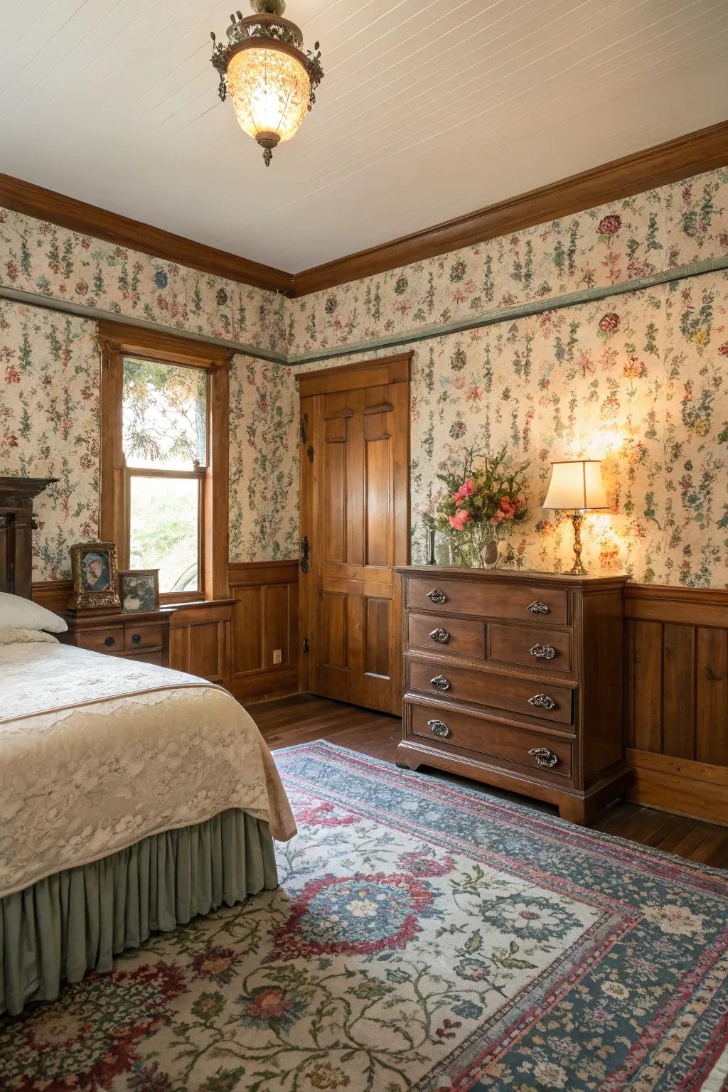 Set a vintage mood by wallpapering alongside wood.