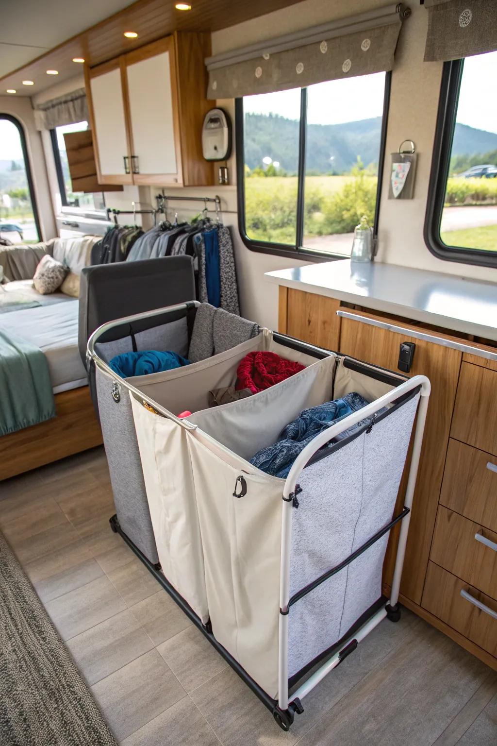A sectioned hamper making laundry sorting simple in an RV.