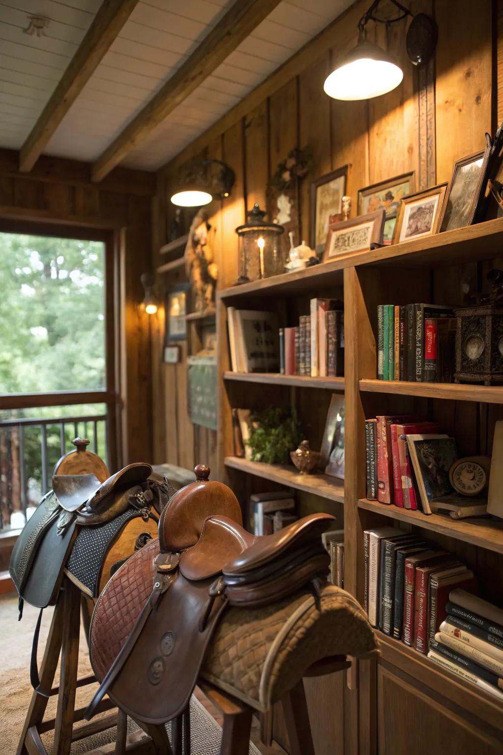 Riding accessories repurposed as shelves inject a distinctive twist into this study.