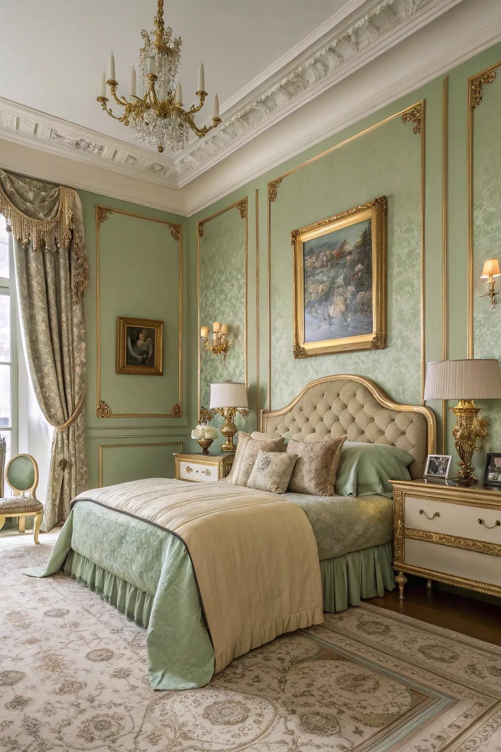 Sage green and golden accents unite to bring a polished elegance to your bedroom.