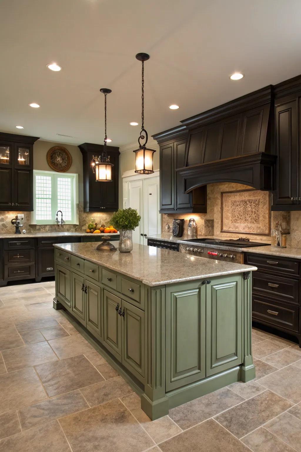 A contrasting island creates a striking center point in the kitchen.