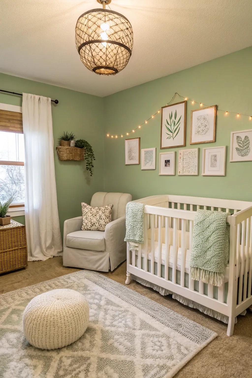 Soft accent colors balance the soft leaf green in this nursery.