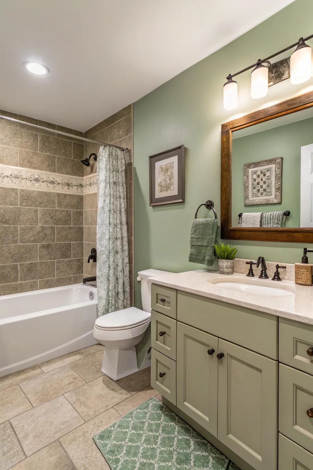 A bath with a willow tint accent wall that gives depth and character.