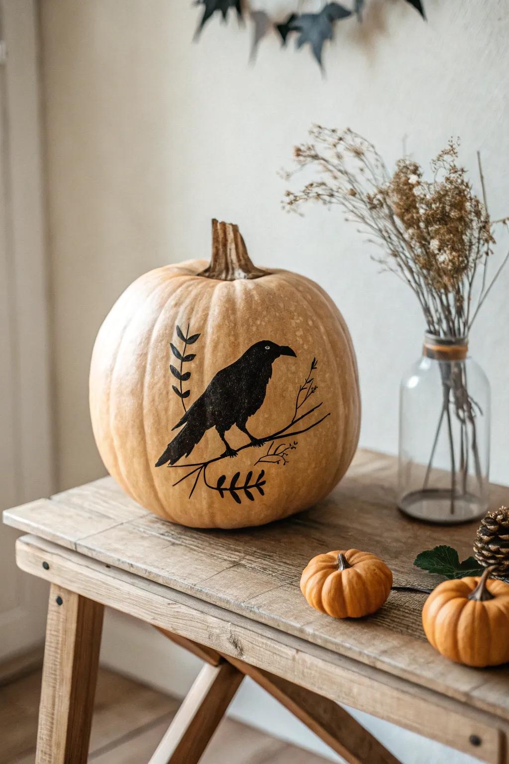 Delight in the mystery with a crow silhouette pumpkin, where classic horror encounters minimalist beauty.