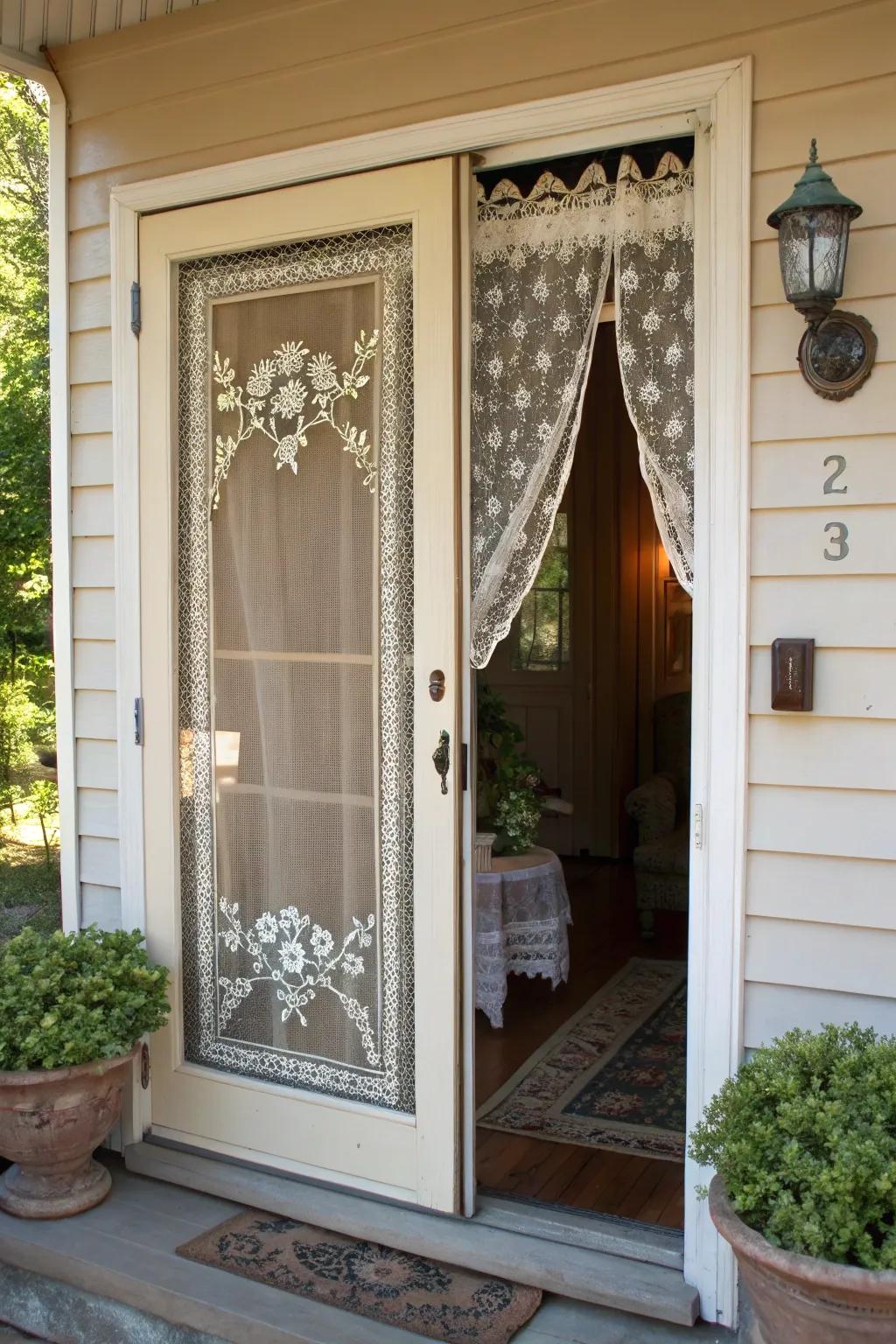 An embroidered screen door adds a delicate, crafty touch to this home.