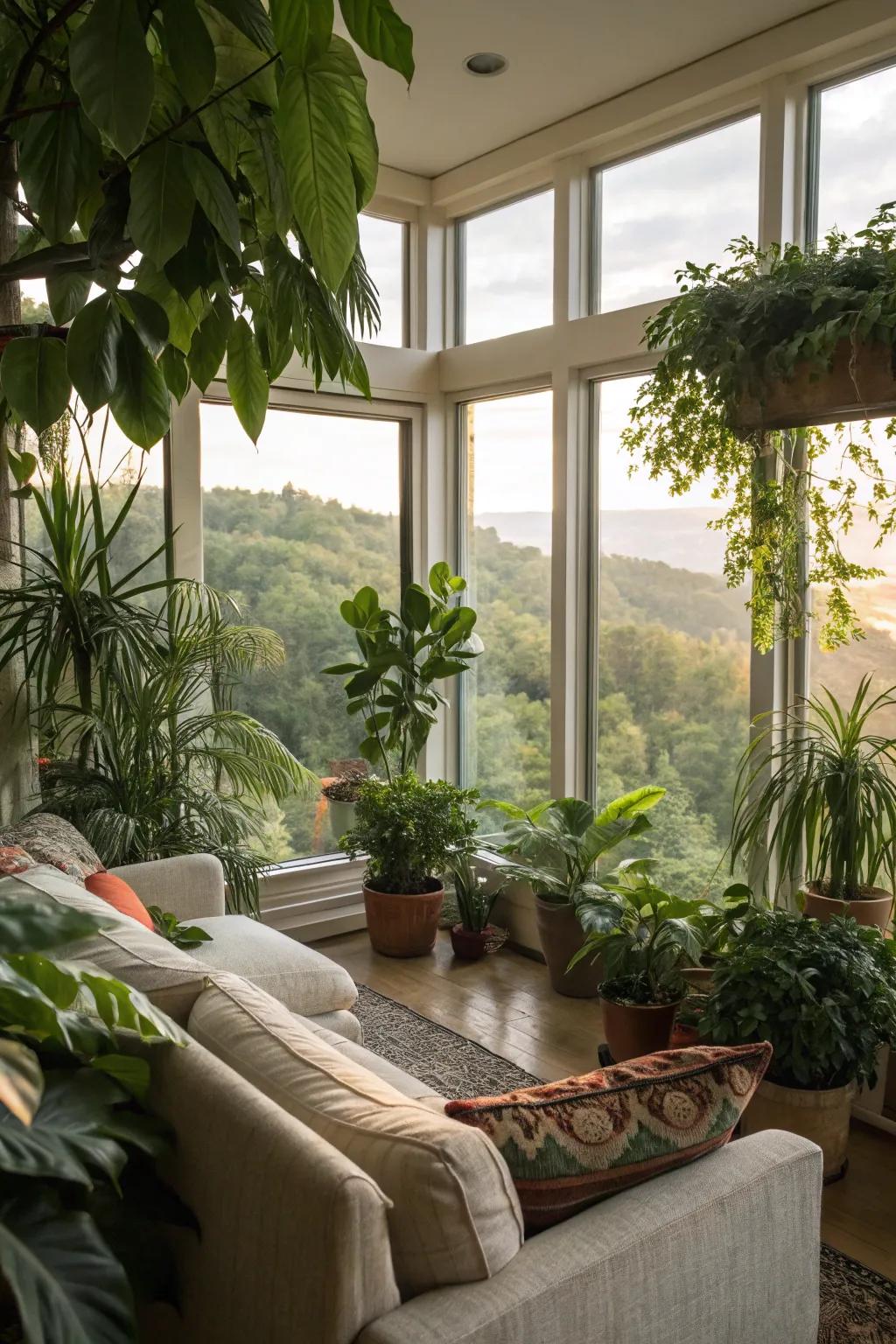 Merge the external setting indoors with vegetation and natural vistas.