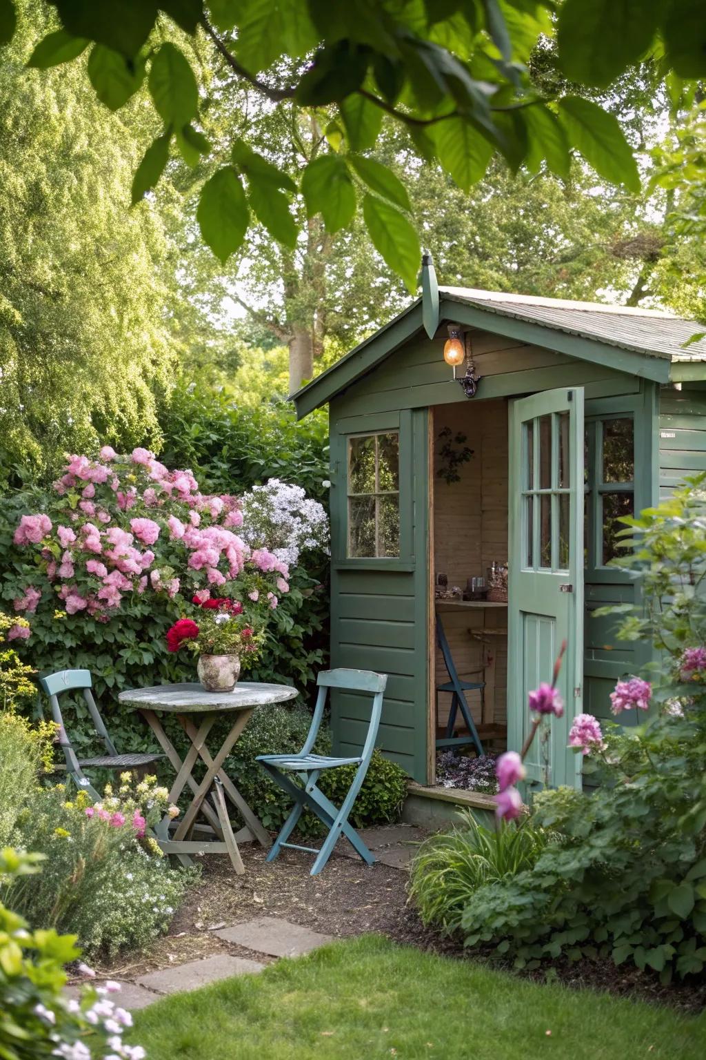A garden shed turned into an enchanting garden eatery.