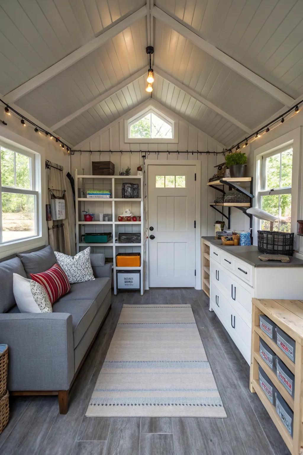 An efficiently planned shed home interior that maximizes space.