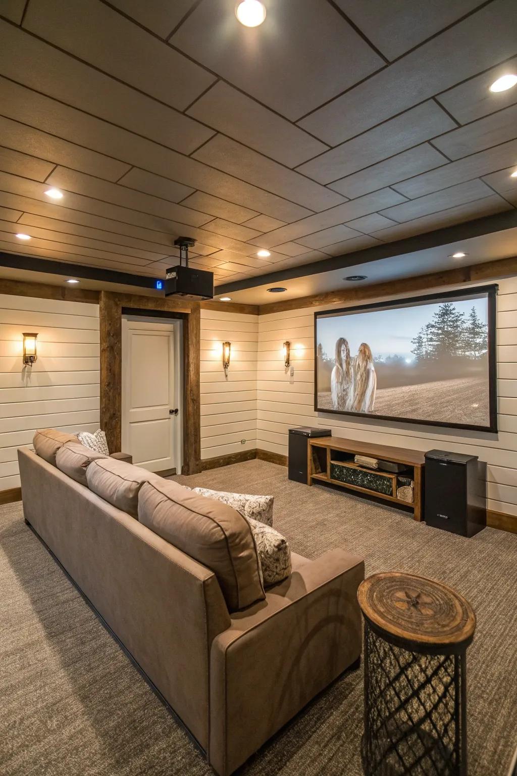 A cinematic zone inside the basement utilizing paneling walls and deluxe seating.