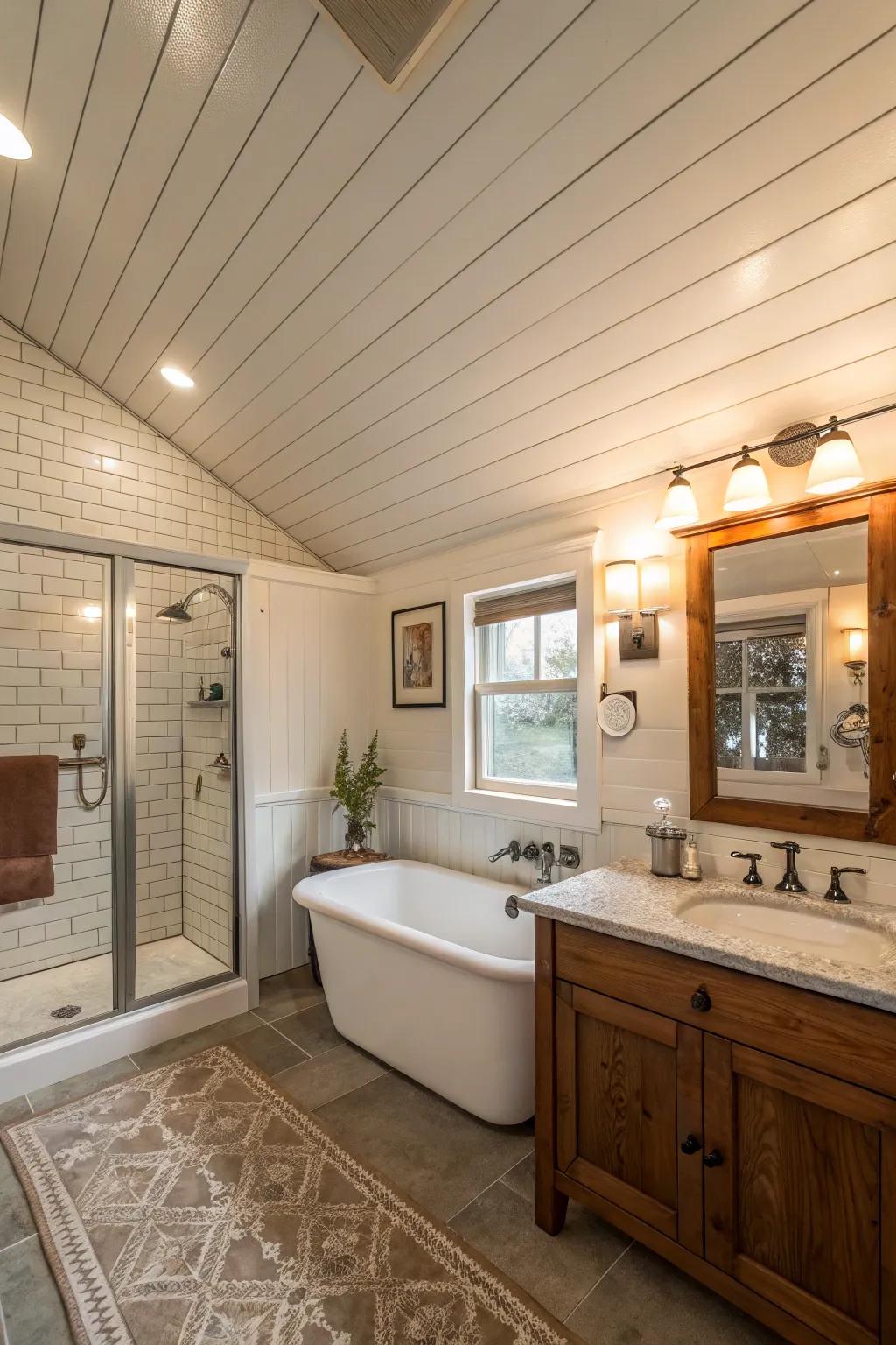A bathroom featuring plank cladding ceilings for a unified design.