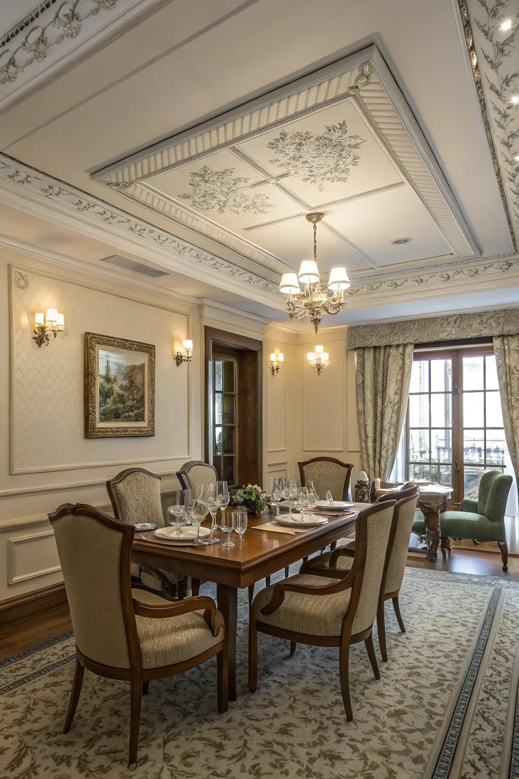 A refined shiplap ceiling bordered with ornate trim.