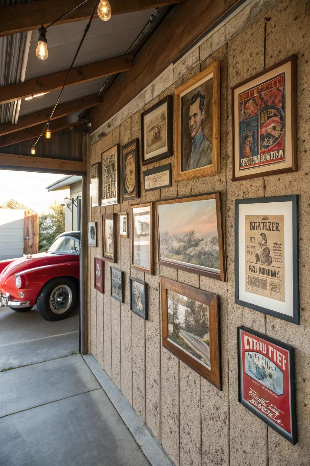 A garage wall decorated with vintage-style art.