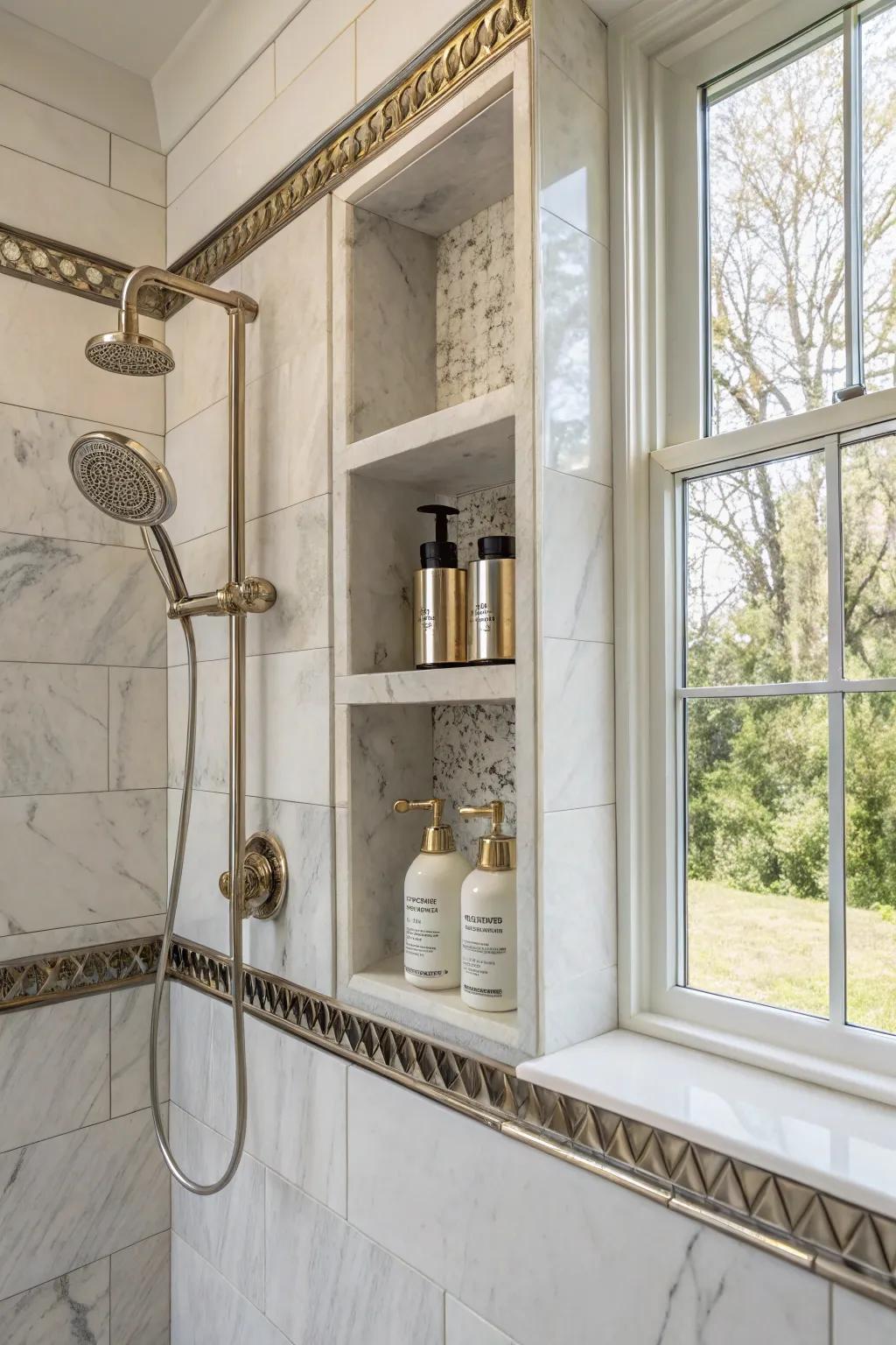 Metallic details add a luxurious touch to a shower niche
