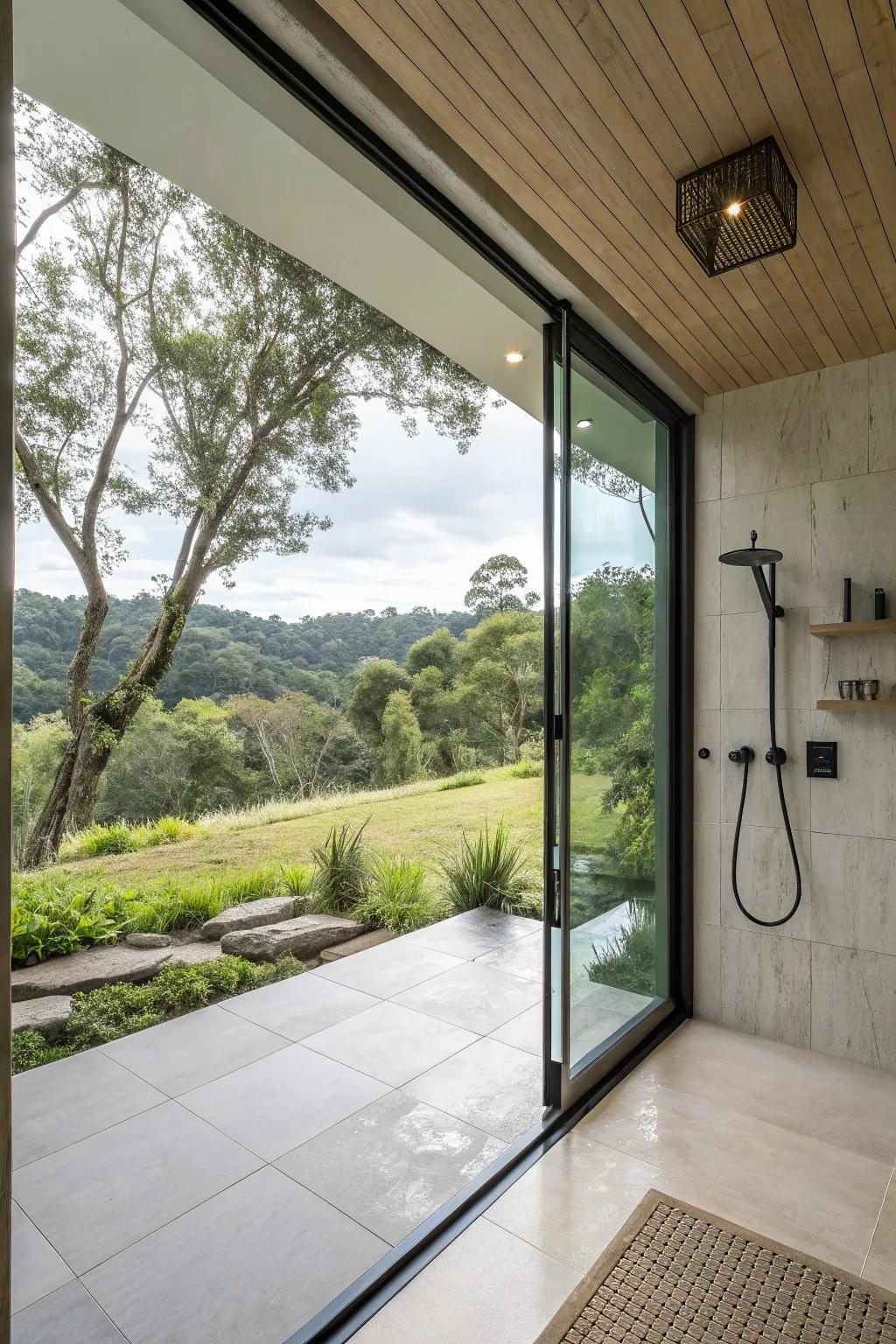 A shower room designed to frame beautiful outdoor views.