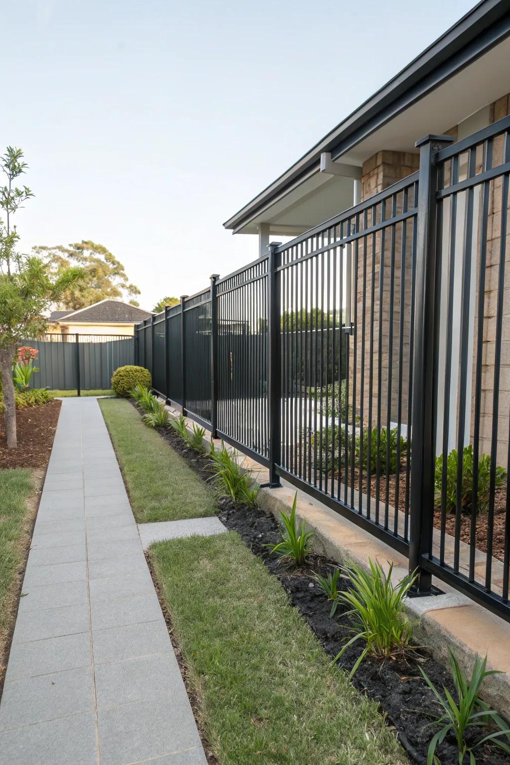 Modern side yard with a black metal fence.