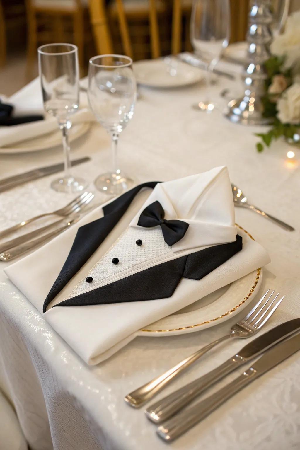 A cloth shaped into a traditional evening dress, ideal for sophisticated dining experiences.