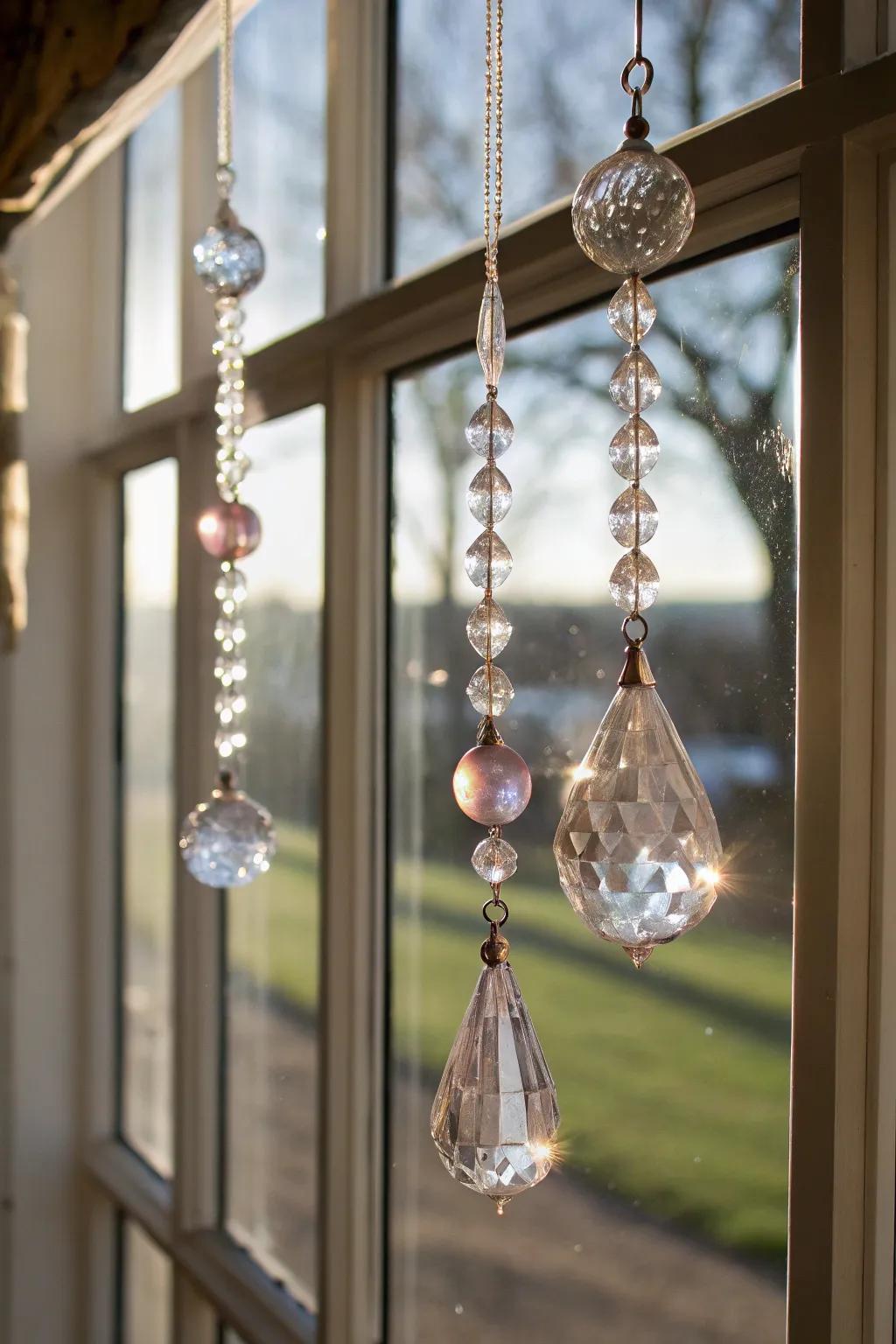 Hanging crystal trinkets forge a sparkling window display.
