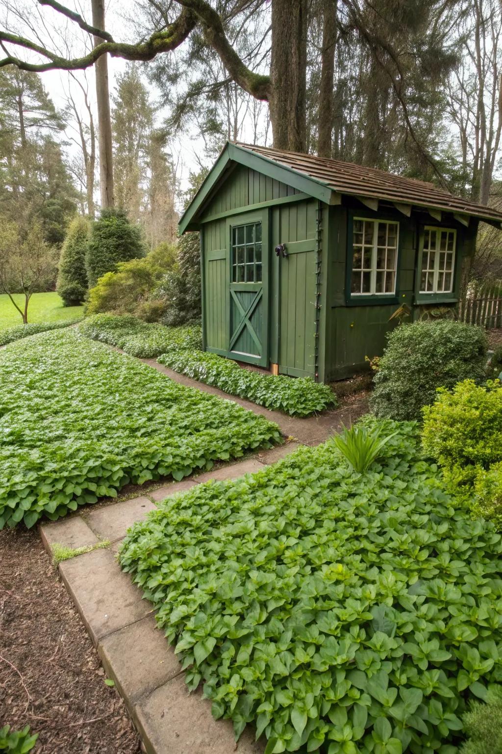 Ground cover plants create a uniform, verdant ambiance around your shed.