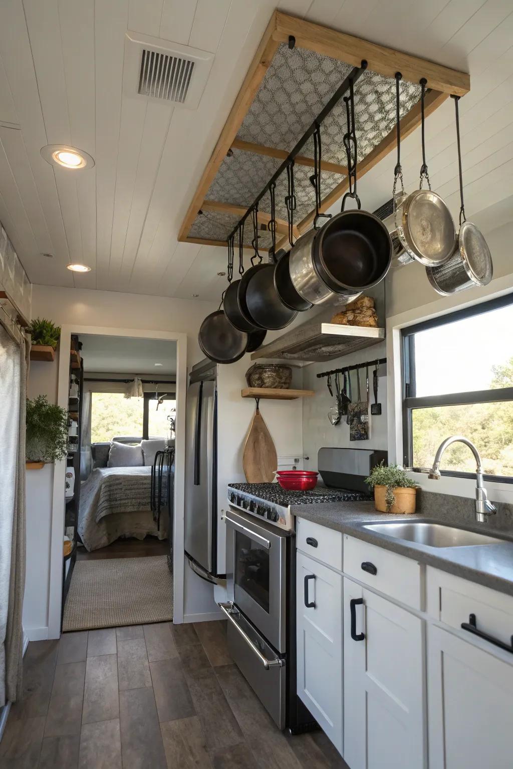 Combining practicality with style through pot racks.