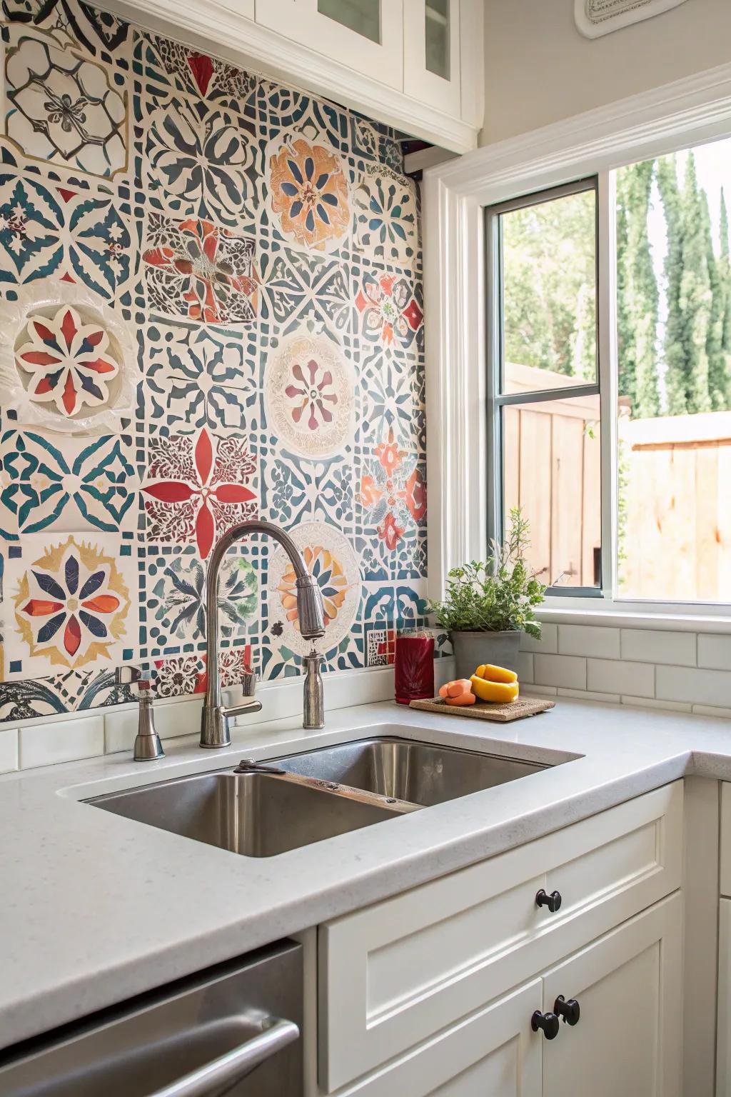 A highlight wall backsplash functions as an eye-catching point of interest in the culinary space.