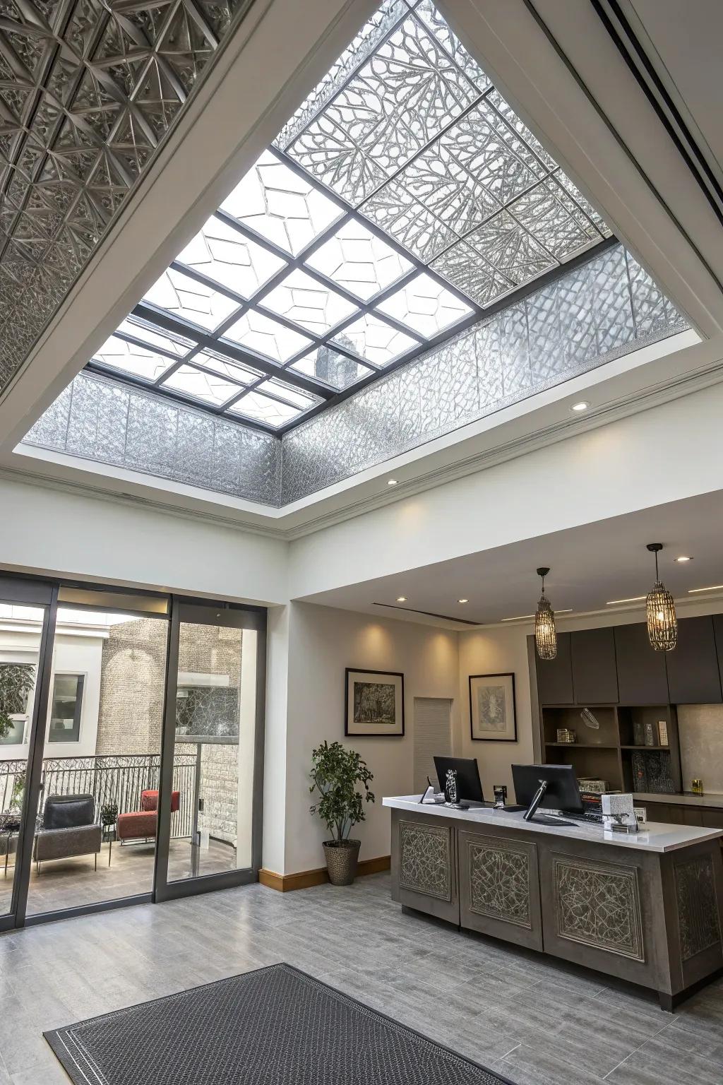 A modern office showcasing a skylight with a beautifully textured metallic trim.