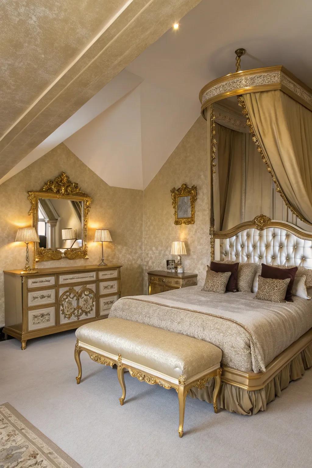 In this fashionable bedroom, metallic accents offer a hint of opulence and light.