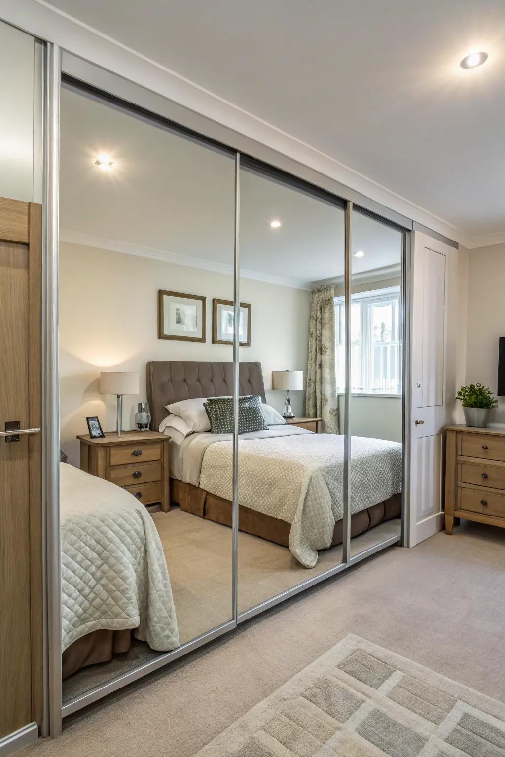 Mirrored sliding doors enhance the light and space in this bedroom.