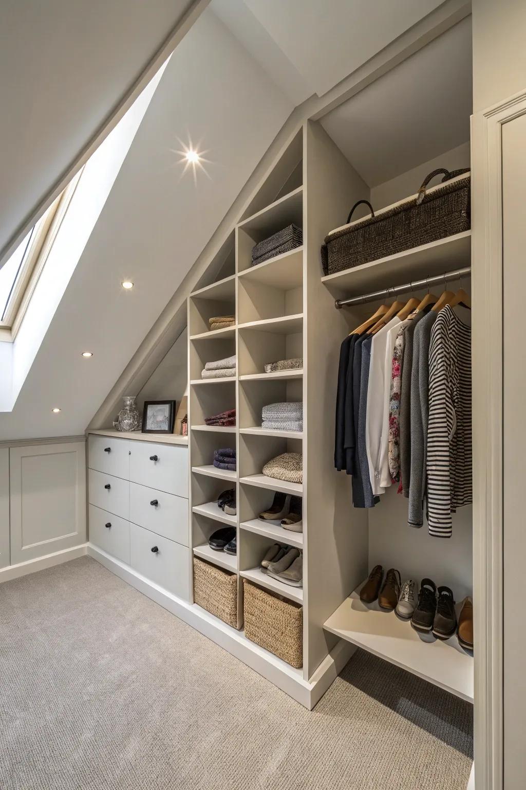 Shelves following the slope turn awkward angles into valuable storage space.