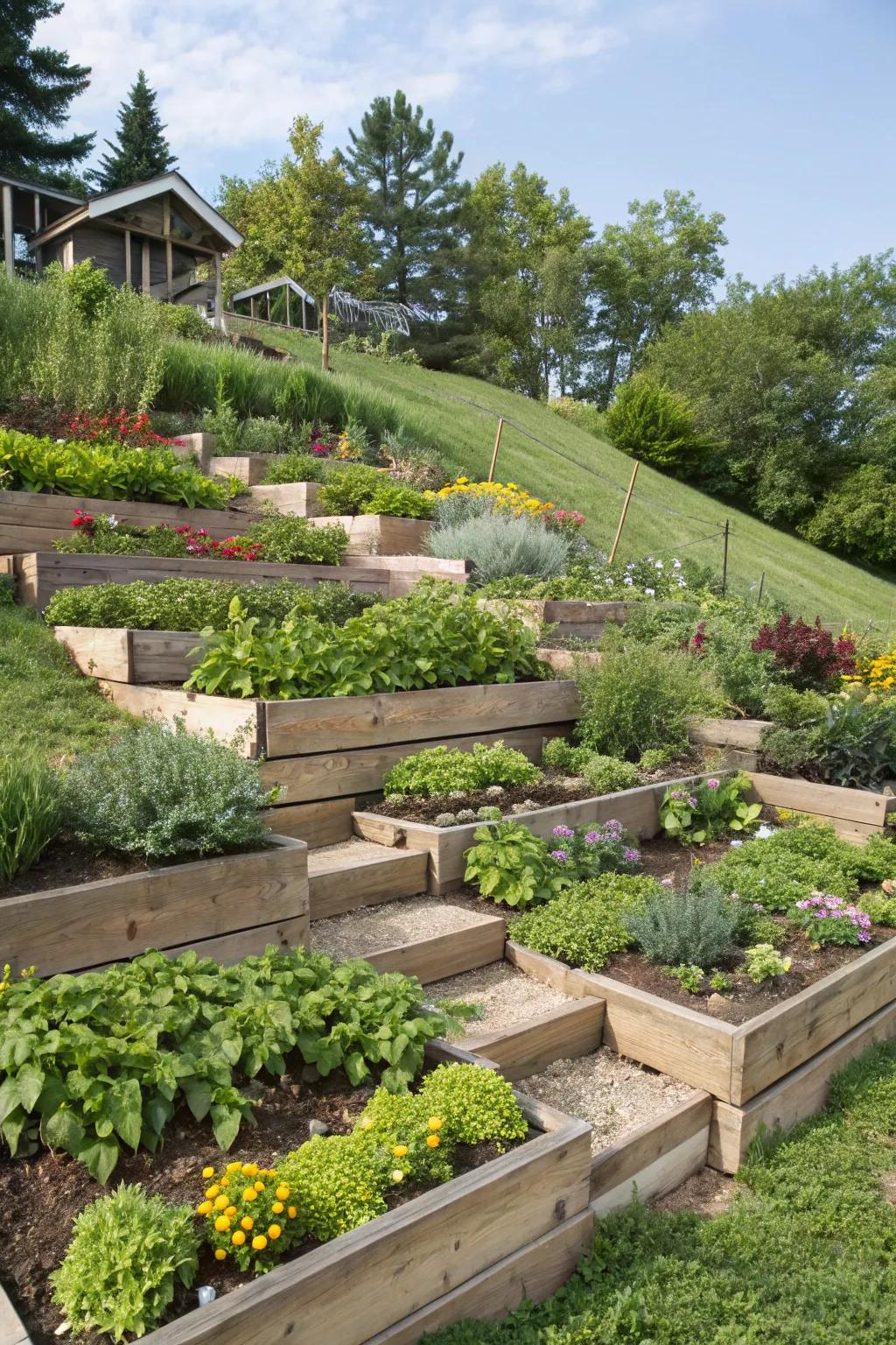 Tiered flora beds create visual interest and depth.