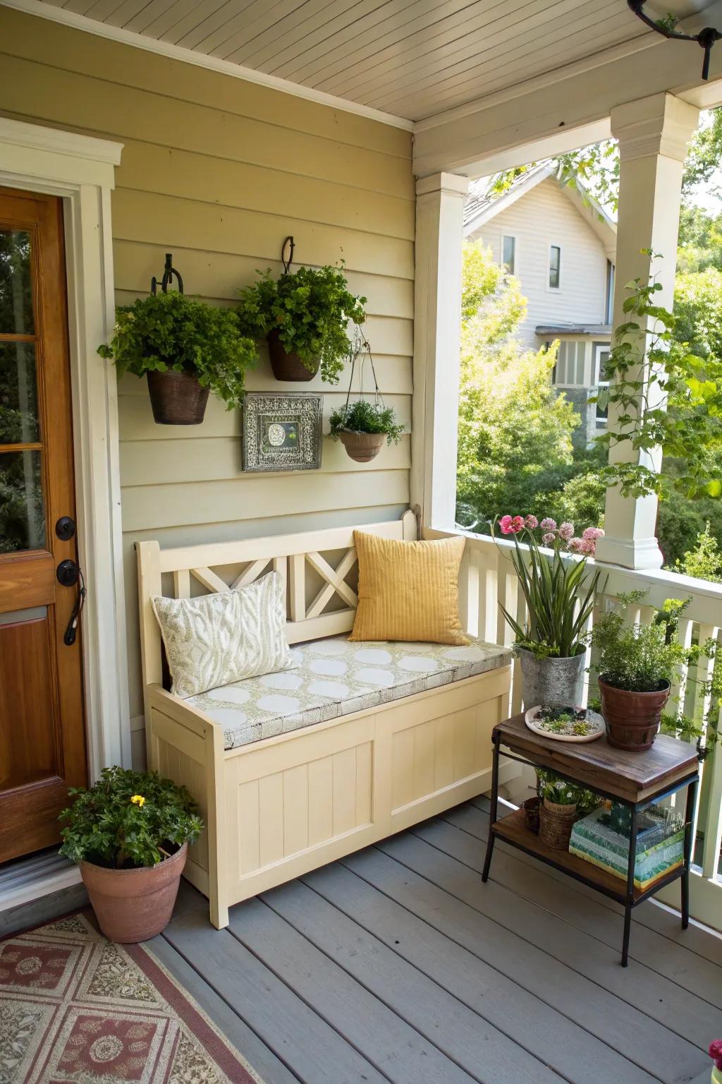 A multi-functional bench adds seating and storage to a small porch.