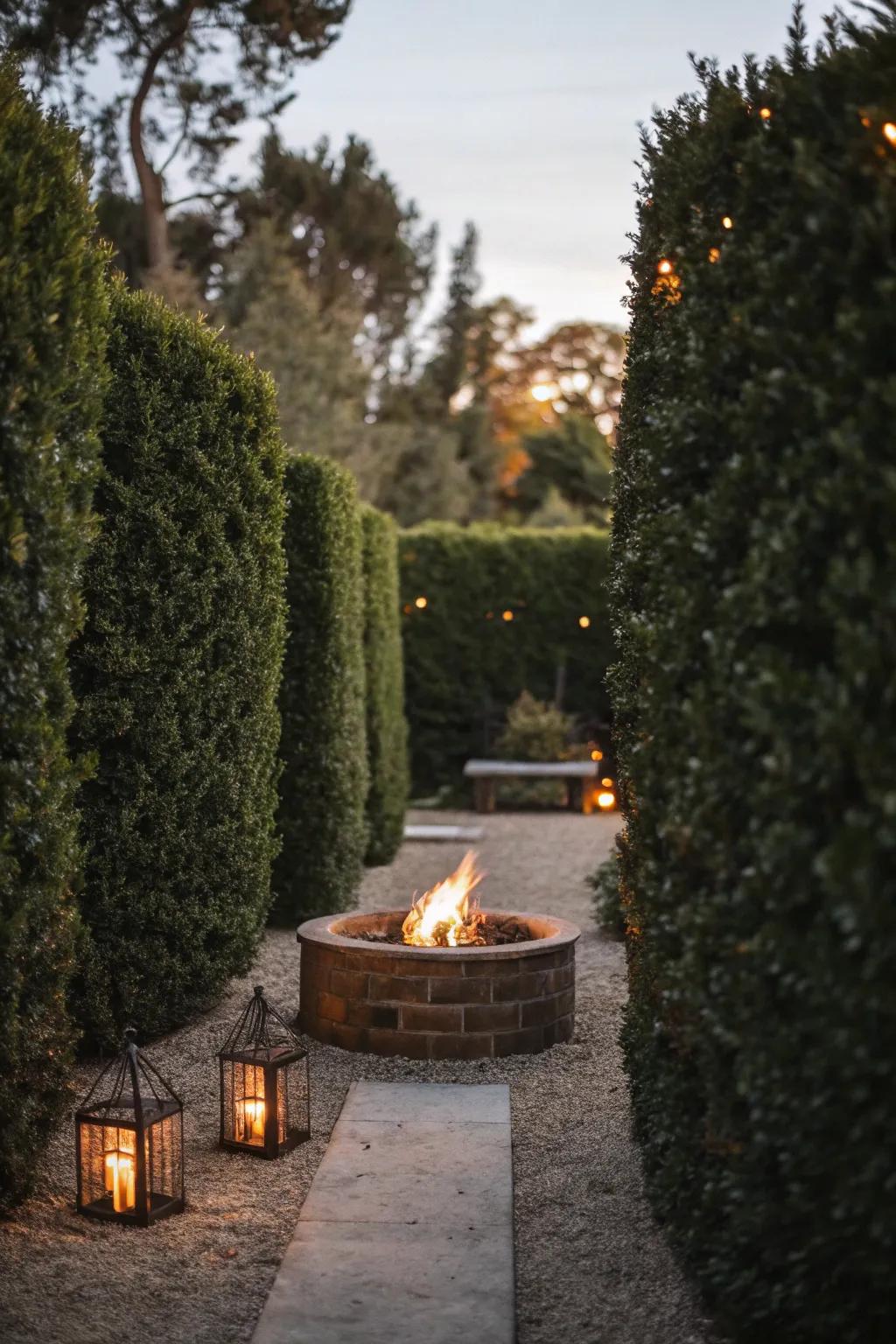Tall bushes provide privacy and a sense of seclusion around the hearth.