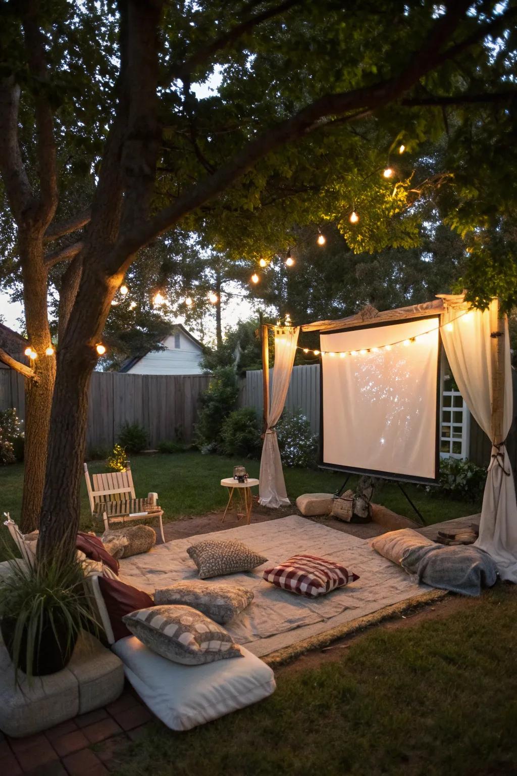 Outdoor movie night setup in a snug backyard