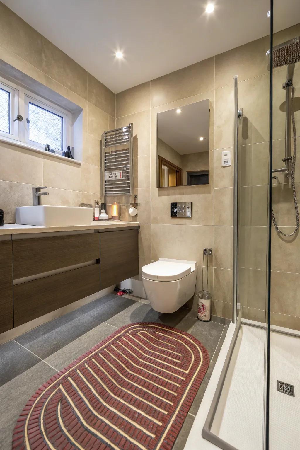 Underfloor heating contributes warmth without occupying space.