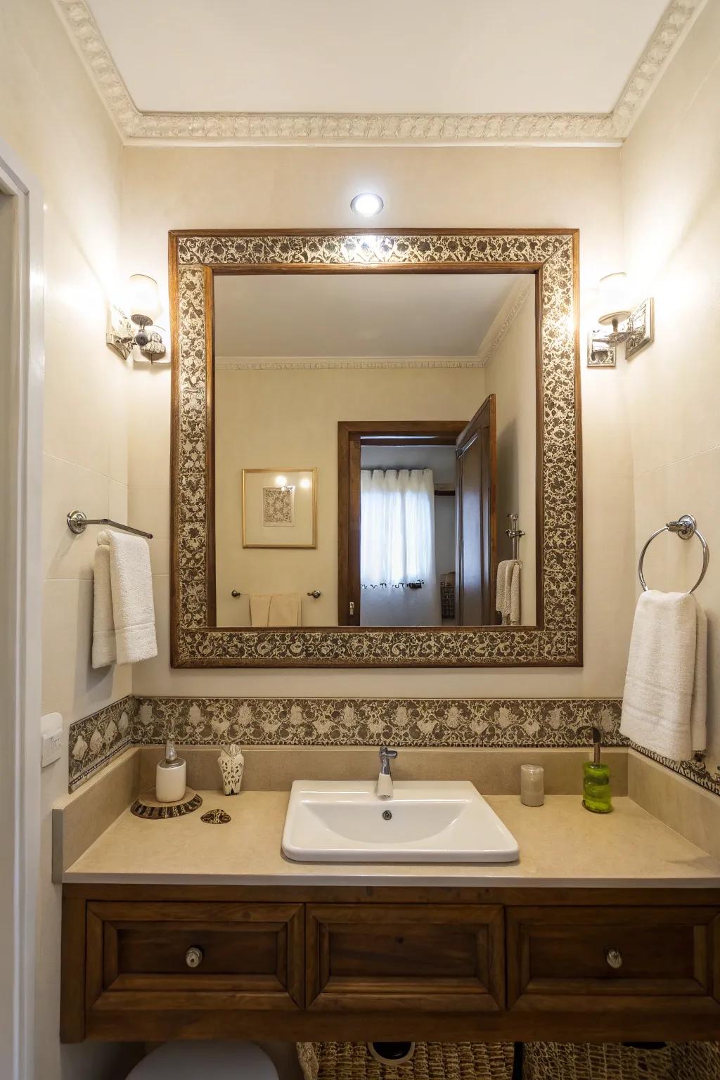 An ornamental mirror reflects light, expanding the space.