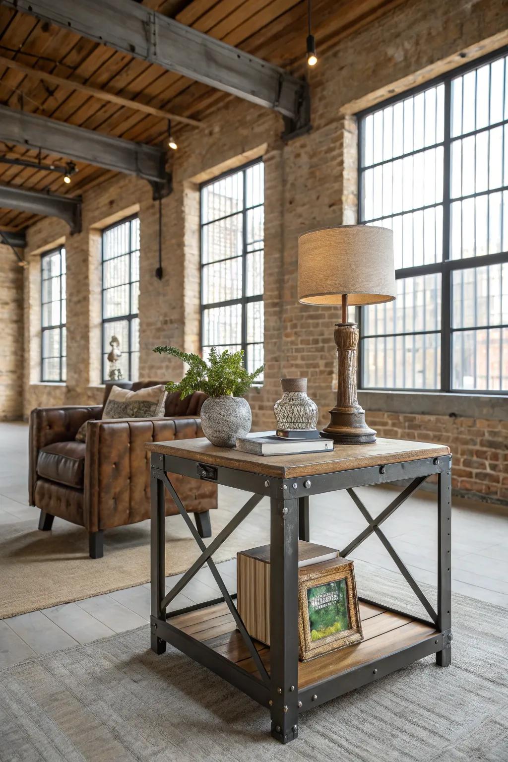 Industrial end table injects a rugged touch into a loft apartment.