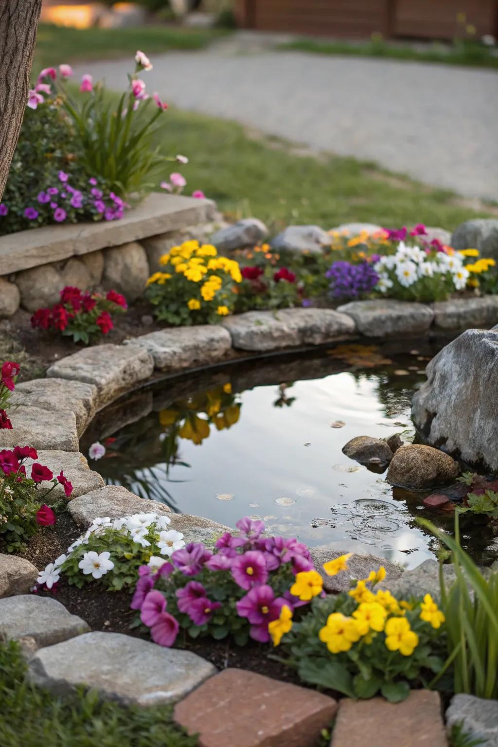 A peaceful compact flower garden featuring a miniature pool.