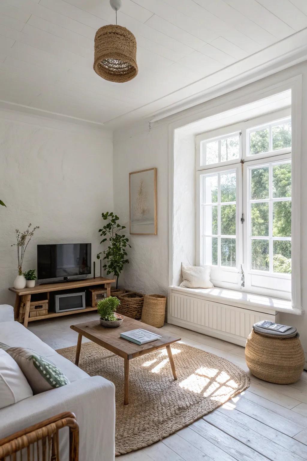 A compact living area showcasing white walls to expand the room.