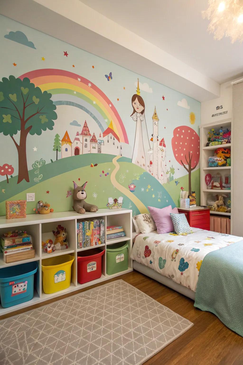 A wall mural adds depth and character, igniting creativity in the room.