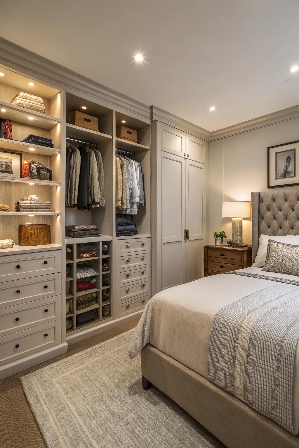 Integrated storage solutions maintain a small master bedroom organized.