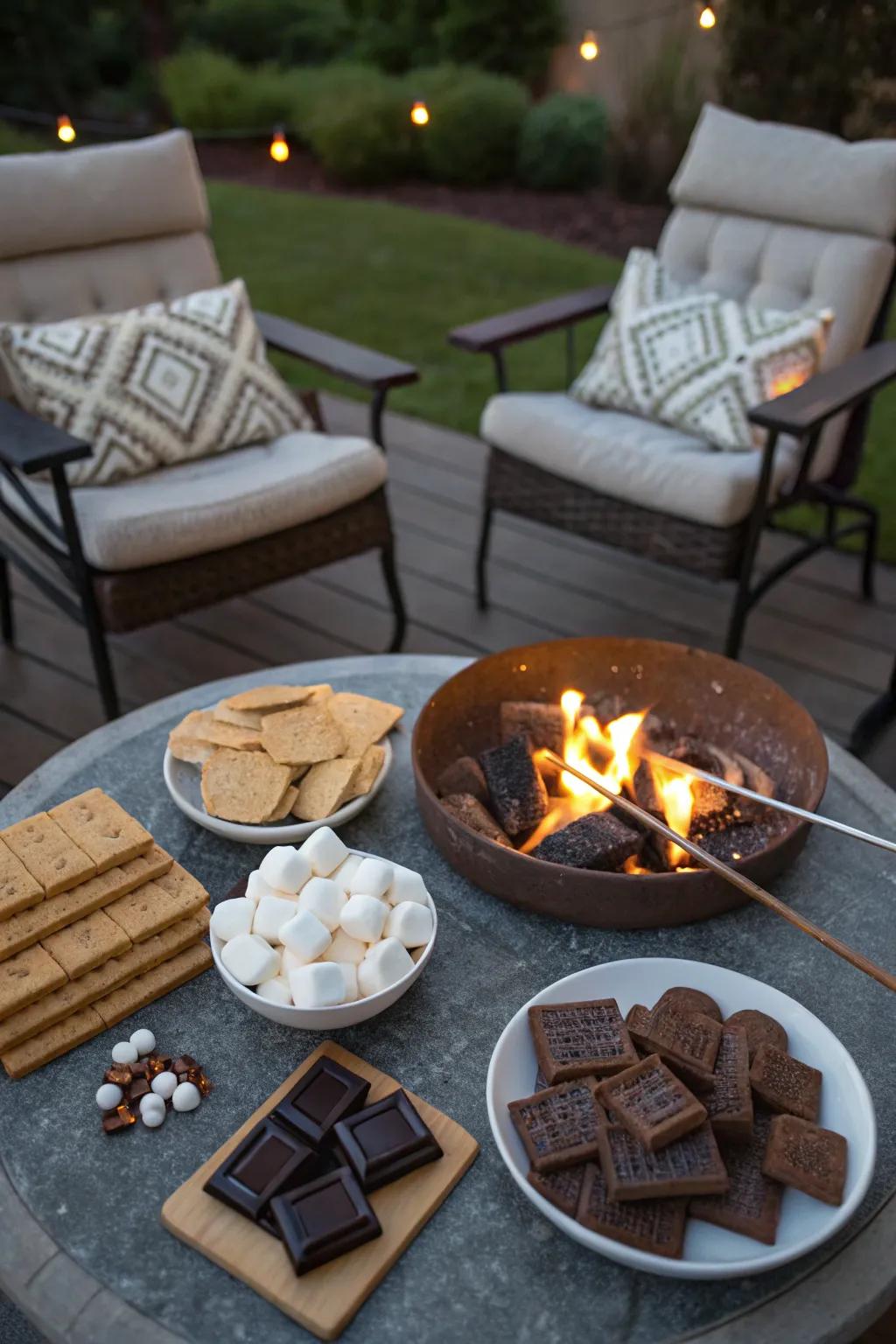 A comfy outdoor setup featuring a fire pit and s'mores ingredients.