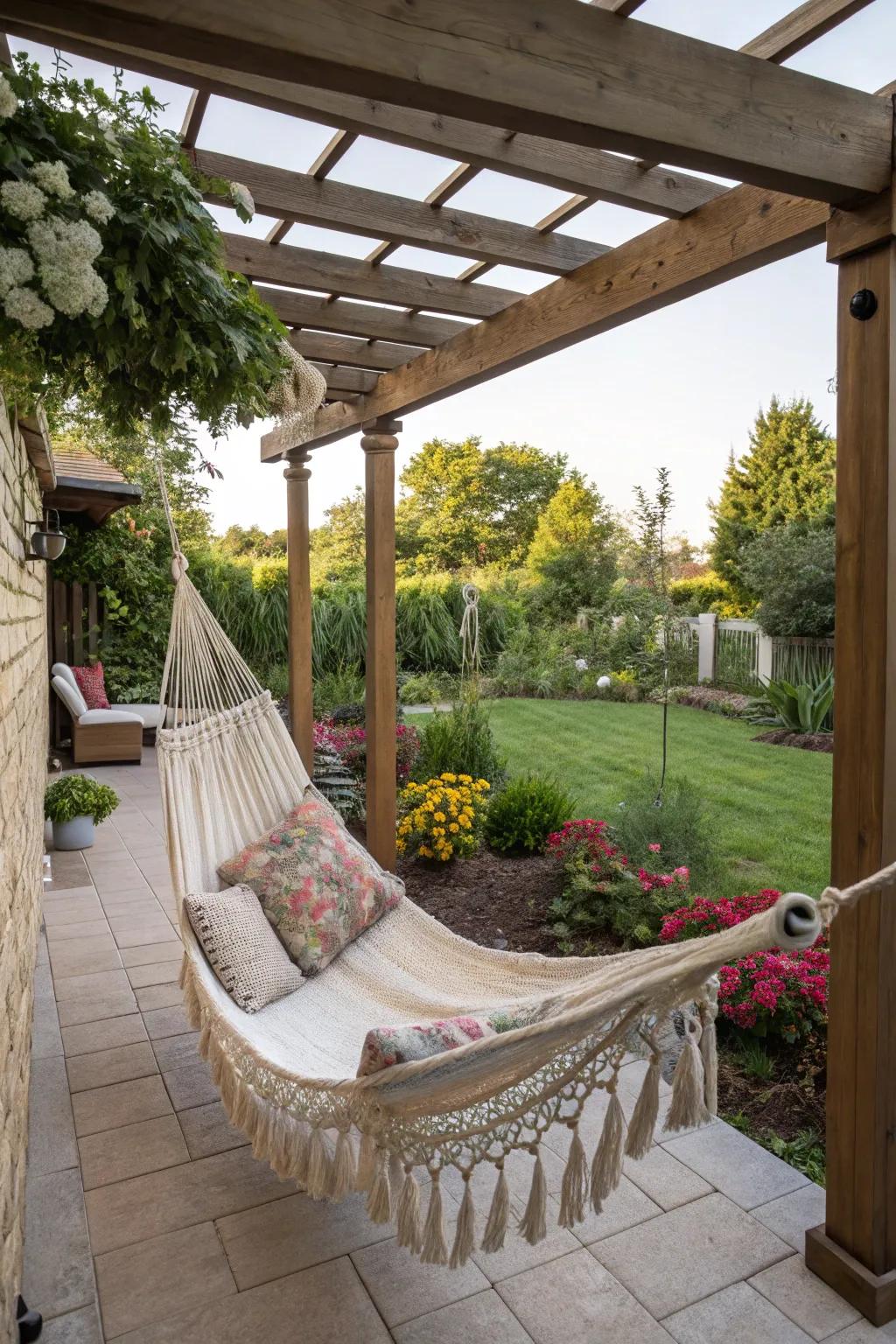 A framework equipped for a sling seat delivers a tranquil escape on a small patio.
