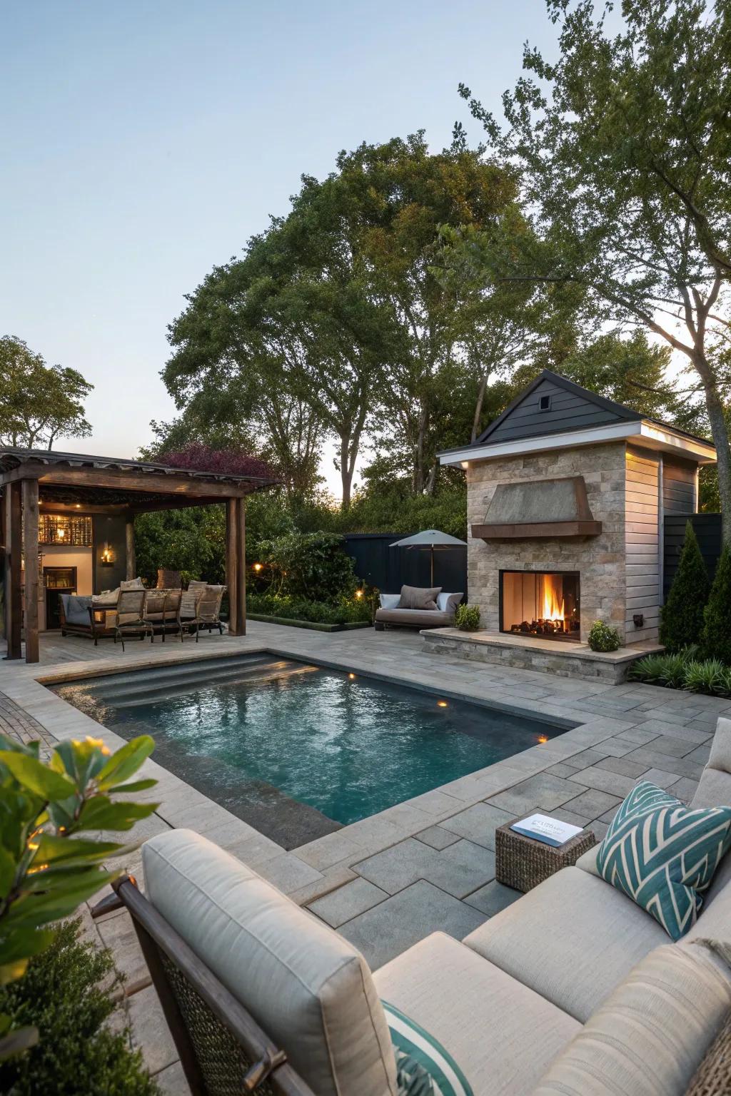 An outdoor living room beside the pool enlarges the home's living area into the garden.