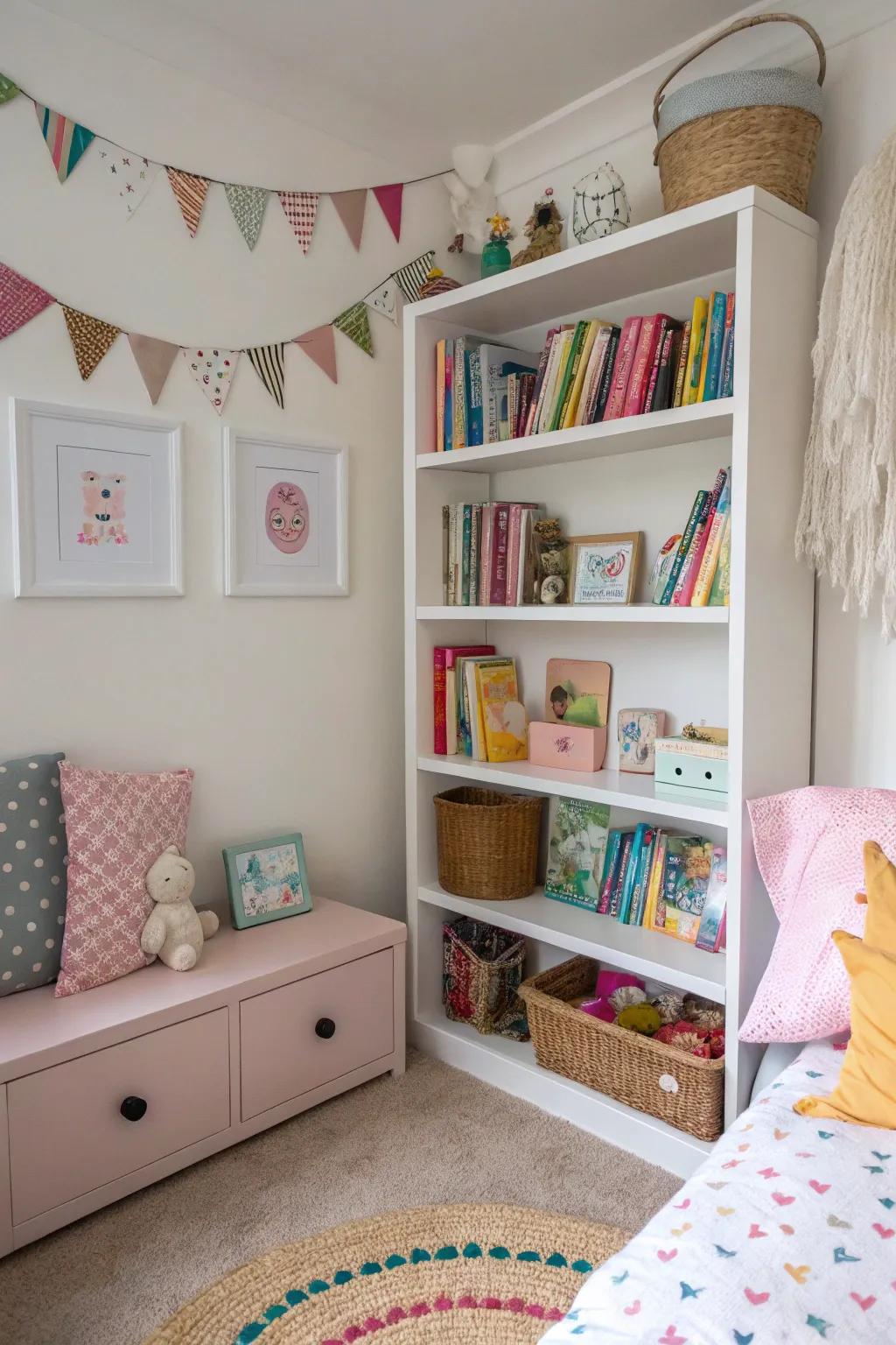 Exposed shelving delivers storage and display options.