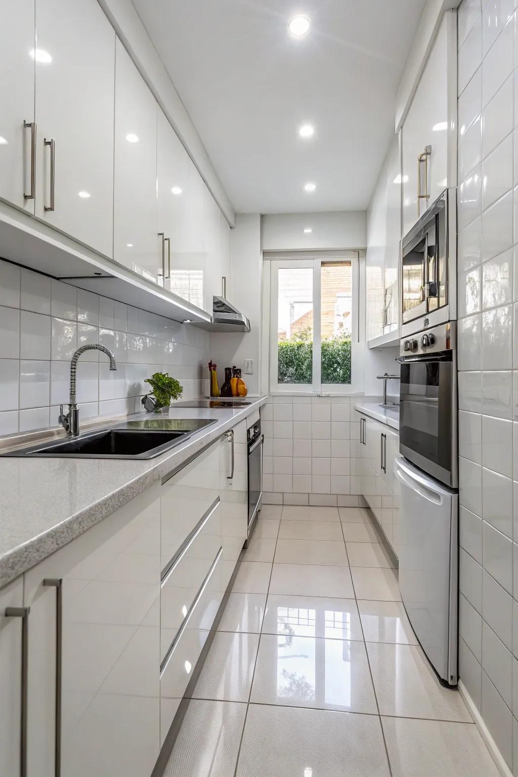 Reflective surfaces make the kitchen seem roomier.