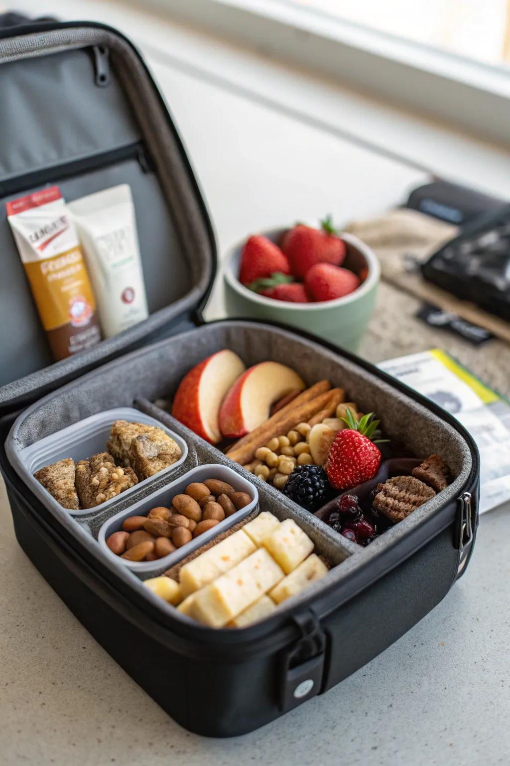 A portable snack caddy keeps snacks organized on the go.