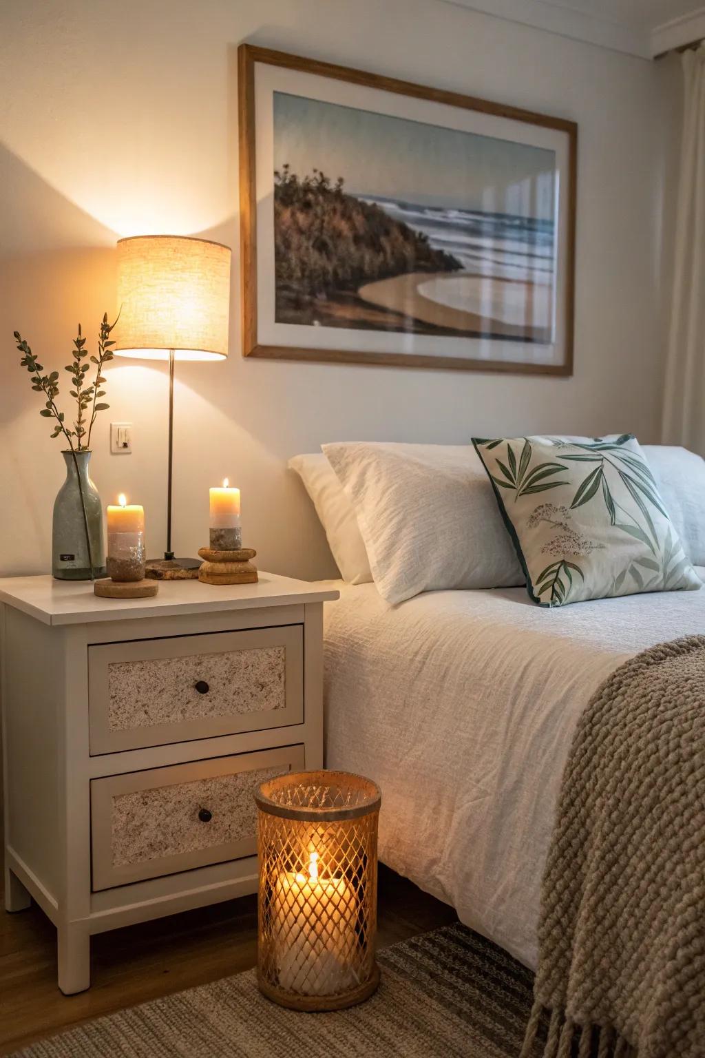 Careful accessories like candles and art add warmth.