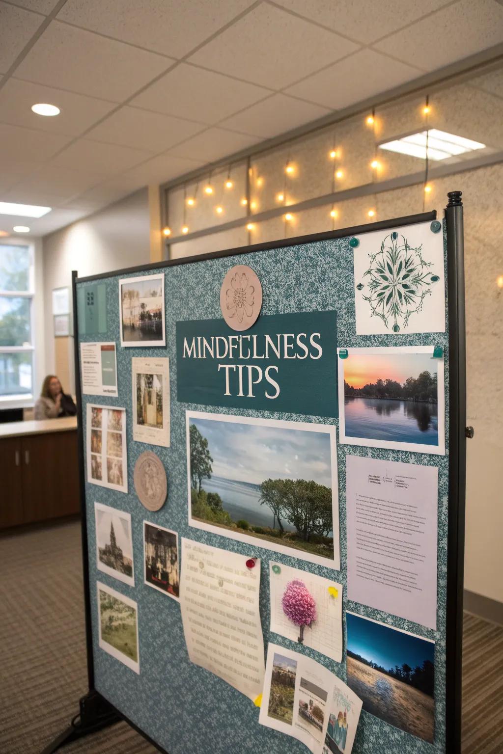 A calming mood board centered on mindfulness and stress alleviation.
