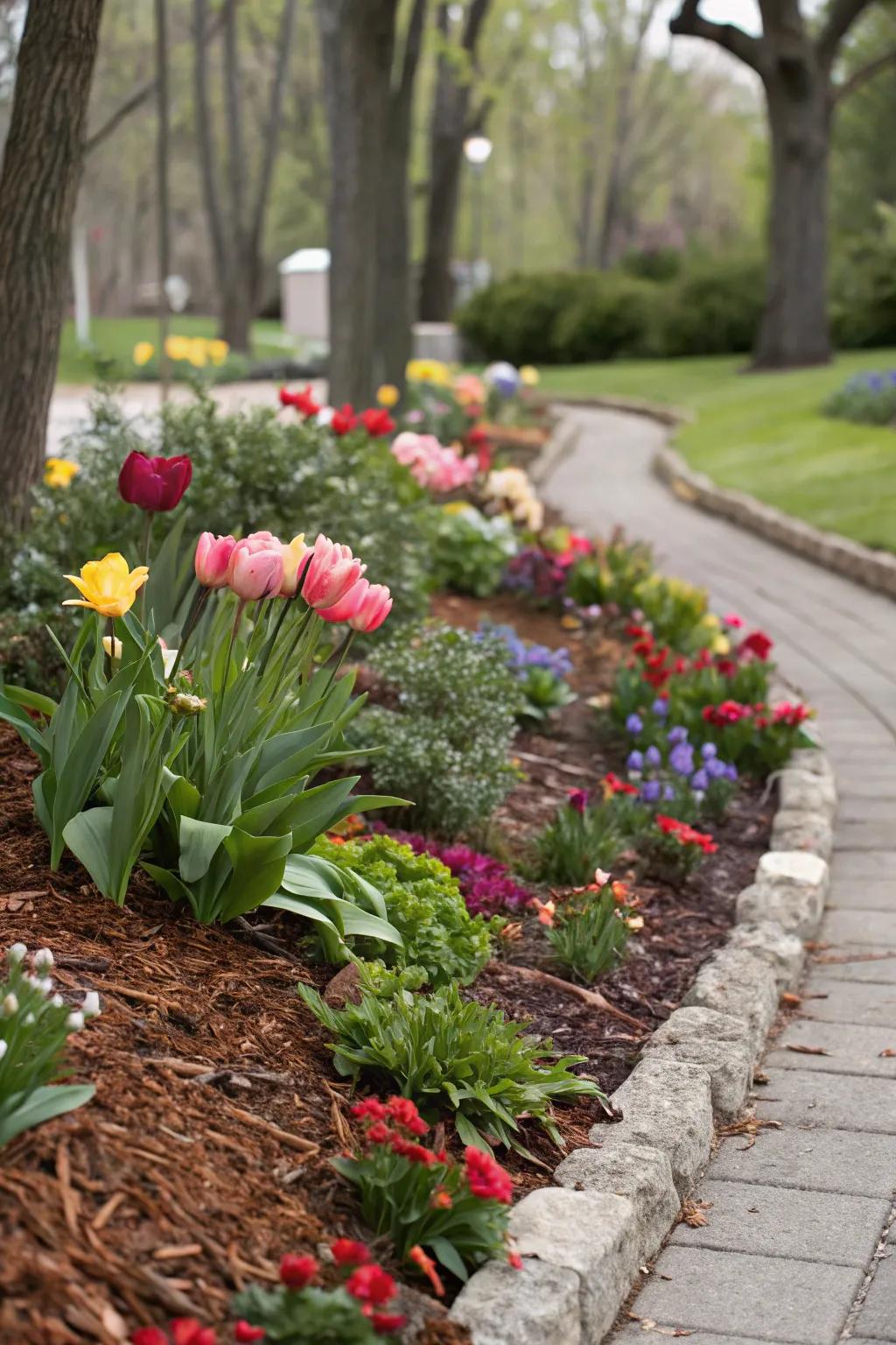 Mulch contributes vibrant texture to the garden.