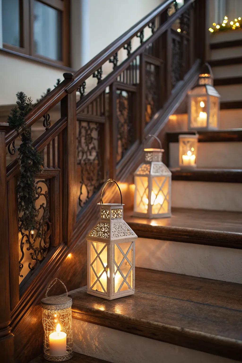 Ornamental signal beacons establish a cozy pathway up the staircase.