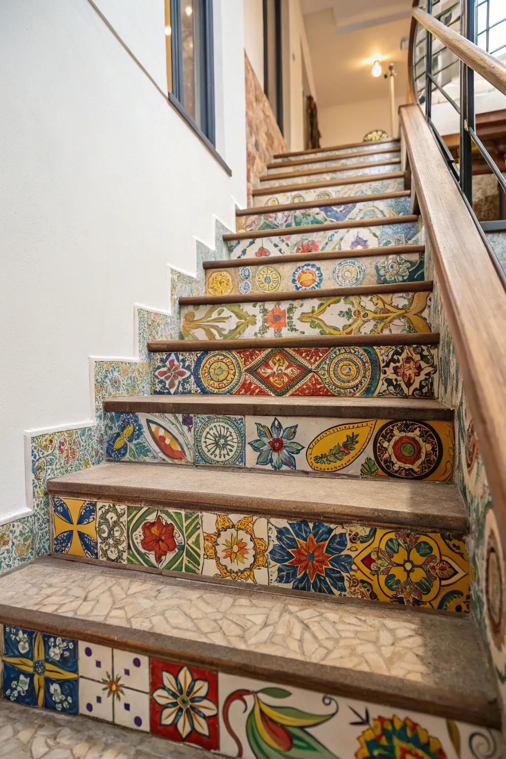 Artistic tile risers transform steps into artistic displays.